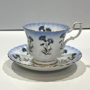 Royal Albert England Footed Cup & Saucer Set Gold Trim Blue Thistle